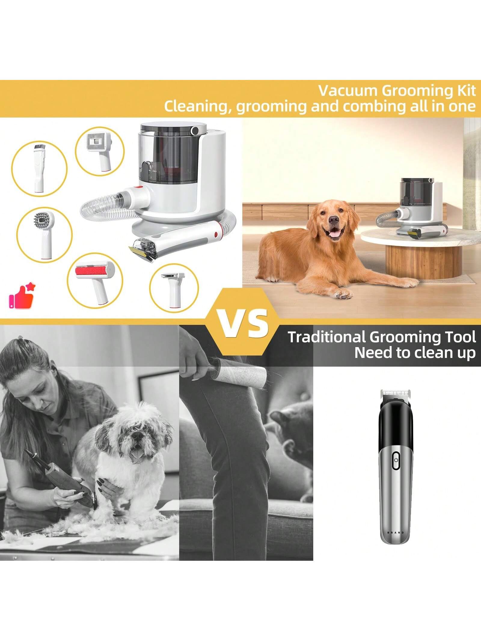 Professional Dog Grooming Kit with Vacuum Suction, Pet Hair Remover, Clipper, Brush, and Shedding Tools - Low Noise Pet Grooming Supplies```
